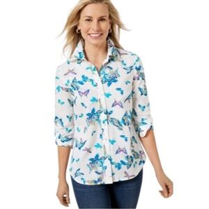 Talbots Shirt Women 1X White Blue Cotton Butterfly Print Button Down Preppy Plus